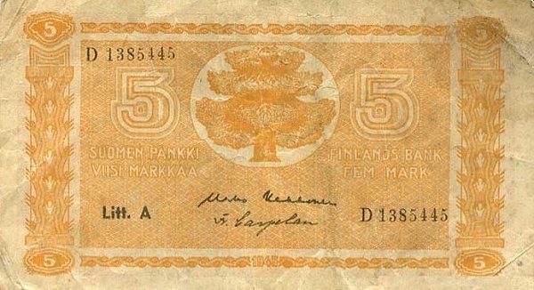 (1945 Litt A) Банкнота Финляндия 1945 год 5 марок  Kekkonen - Carpelan  UNC