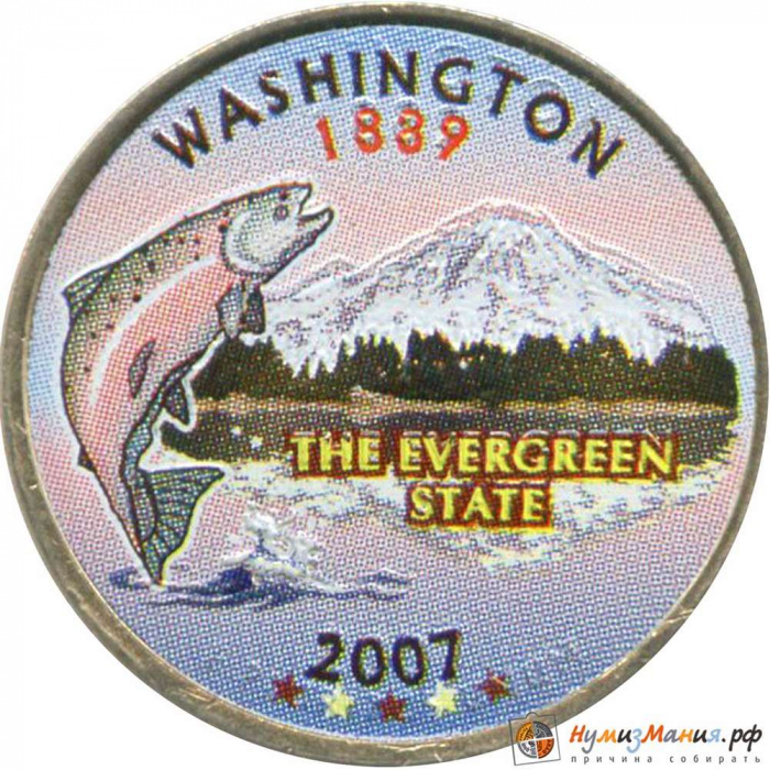 (042p) Монета США 2007 год 25 центов &quot;Вашингтон&quot;  Вариант №1 Медь-Никель  COLOR. Цветная