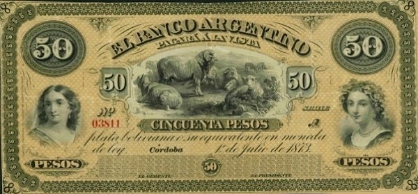 (№1873P-S1483) Банкнота Аргентина 1873 год &quot;50 Pesos Plata Boliviana&quot;