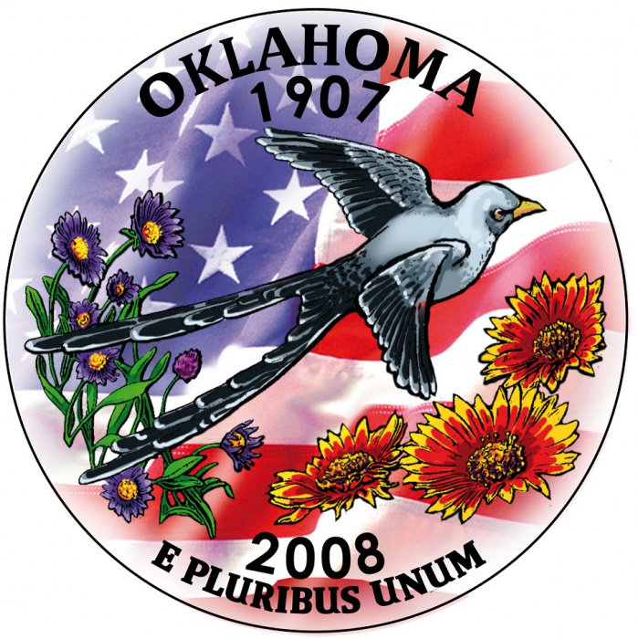 (046p) Монета США 2008 год 25 центов &quot;Оклахома&quot;  Вариант №2 Медь-Никель  COLOR. Цветная