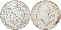(1989) Монета Италия 1989 год 500 лир "ЧМ по футболу Италия 1990"  Серебро Ag 835  UNC