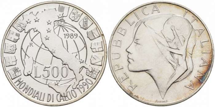 (1989) Монета Италия 1989 год 500 лир &quot;ЧМ по футболу Италия 1990&quot;  Серебро Ag 835  UNC