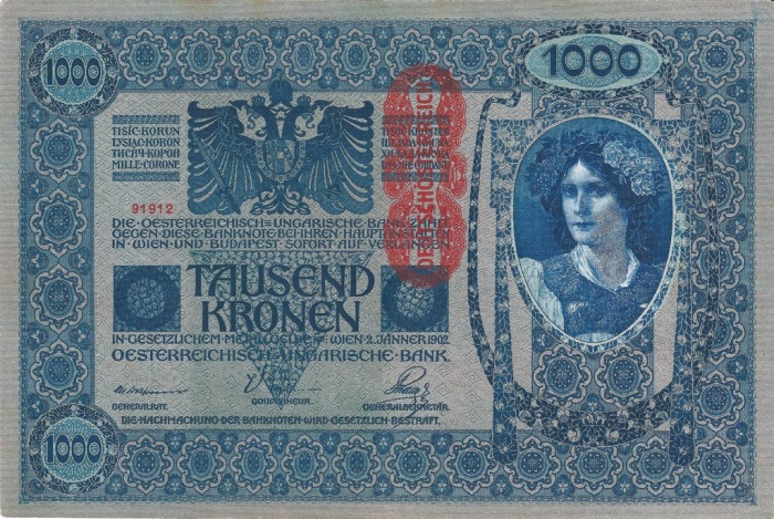 1919 Банкнота Австро-Венгрия 1919 год 1 000 крон Вертик надпечатка на боне 1902 года   UNC