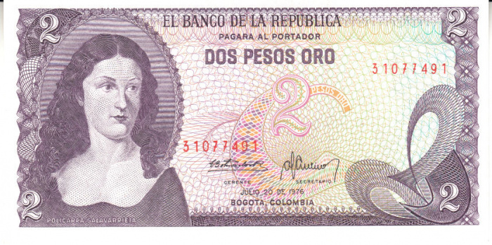(,) Банкнота Колумбия 1976 год 2 песо &quot;Поликарпа Салавариета Риос&quot;   UNC
