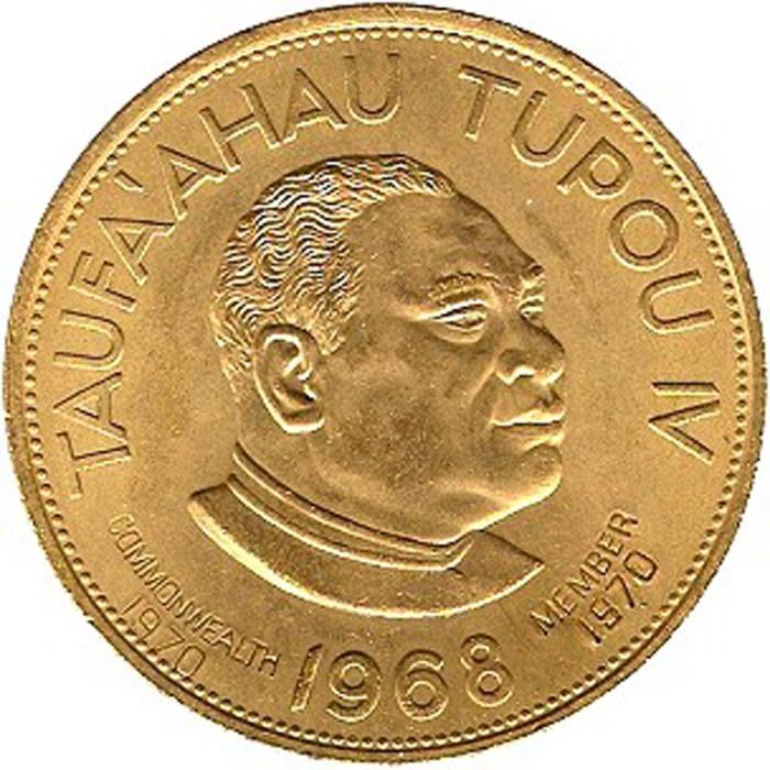 (1968) Монета Тонга 1968 год 2 паанга &quot;Тауфаахау Тупоу IV&quot;  Надчекан 1970 Позолота  UNC