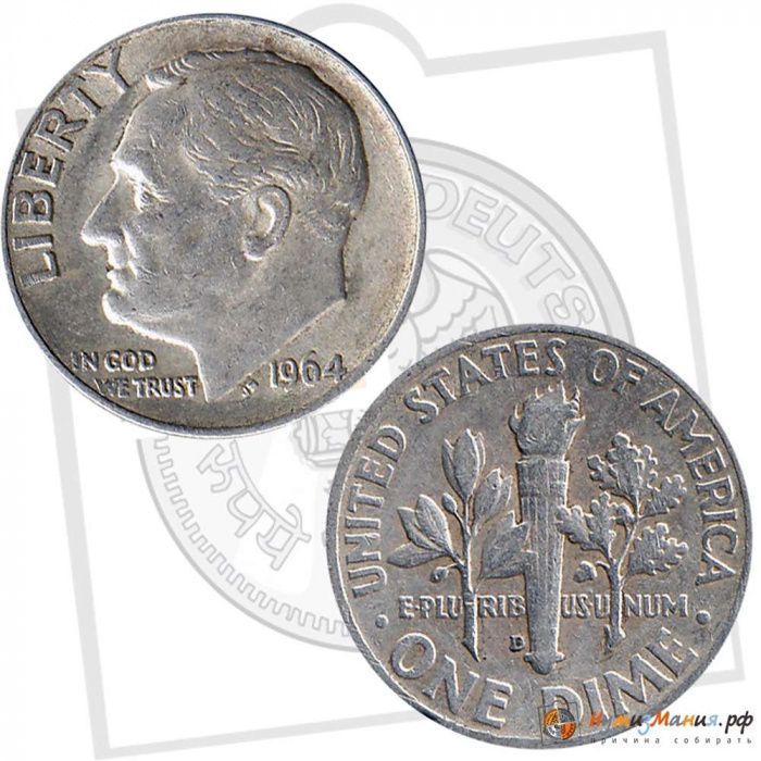 (1964d) Монета США 1964 год 10 центов  1. Серебро Франклин Делано Рузвельт Серебро Ag 900  VF