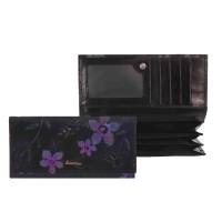 Кошелёк женский "IVORX", Натуральная кожа, 3 отделения, Клепка, поцелуй, "Фиалки", Чёрный