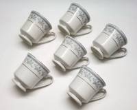 Чашки чайные 6 шт Fine China фарфор Япония новые белые с голубым узором цветы и серебряной полоской