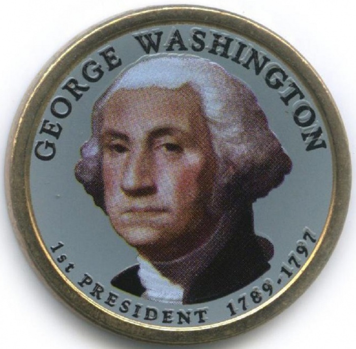 01p Монета США 2007 год 1 доллар Джордж Вашингтон  Вариант №1 Латунь  COLOR. Цветная