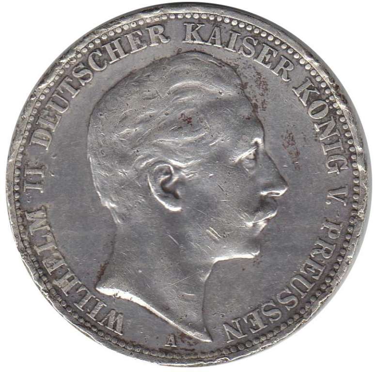Монета Германская Империя 3 марки 1909 год A &quot;Вильгельм II - Кайзер Пруссии&quot; (Состояние - F)