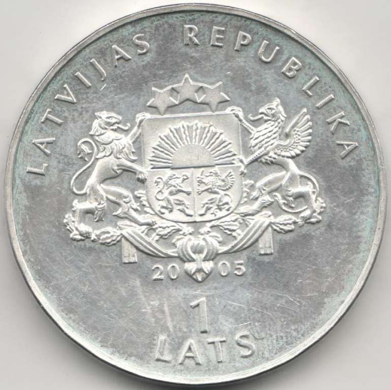 (2005) Монета Латвия 2005 год 1 лат &quot;ЧМ по хоккею Рига 2006&quot;  Серебро Ag 925  VF