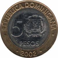 (№2002km89.1) Монета Доминиканская Республика 2002 год 5 Pesos (Магнитный)