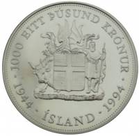 (№1994km32) Монета Исландия 1994 год 1,000 Kronur (1-й президент брак Bjornsson: 1944-1952 - серебро
