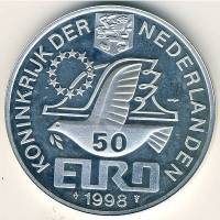 (№1998) Монета Нидерланды 1998 год 50 Ecu amp;"Euroamp;" (Эшер)