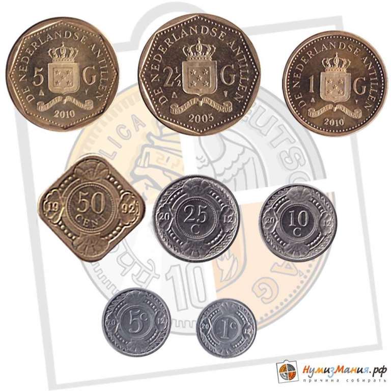 Набор монет Нидерландские Антильские о-ва (8 монет) 2005-10г, 1, 5, 10, 25, 50 центов, 1,2.1/2 и 5 г