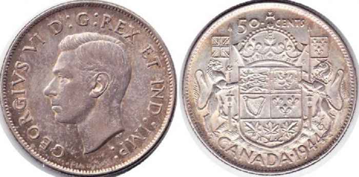 (1944) Монета Канада 1944 год 50 центов &quot;Георг VI&quot;  Серебро Ag 800  XF
