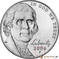 (2006p) Монета США 2006 год 5 центов   Томас Джефферсон анфас  XF