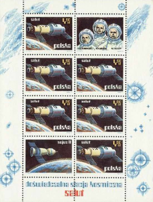 (1973-024) Блок марок Польша &quot;Салют 1&quot;    Космические исследования  III Θ