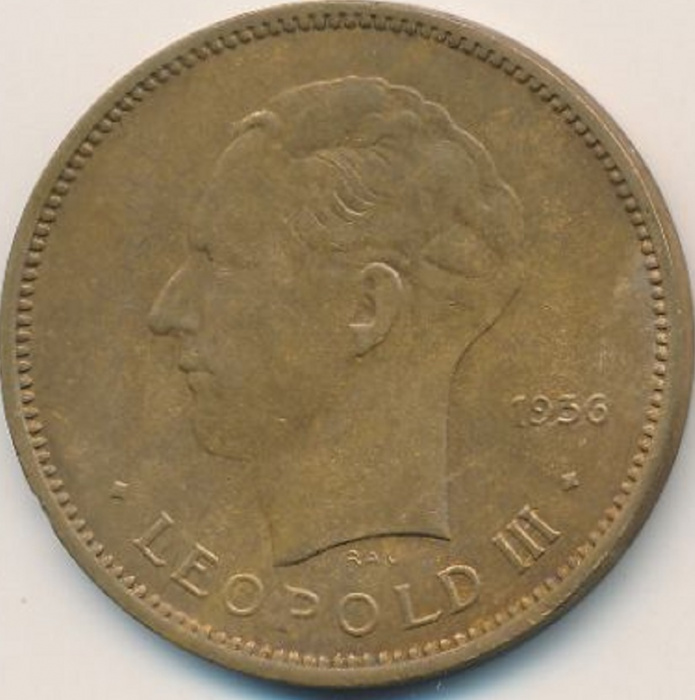 (1936) Монета Бельгийское Конго 1936 год 5 франков &quot;Леопольд III&quot;  Бронза  XF