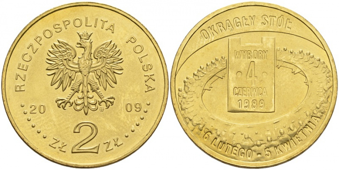 (172) Монета Польша 2009 год 2 злотых &quot;Выборы 4 июня 1989 года&quot;  Латунь  UNC