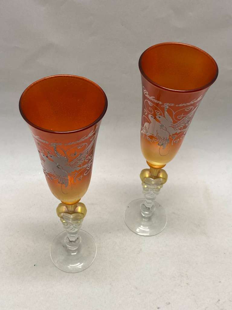 Бокалы свадебные 2 шт цветное стекло золотое напыление