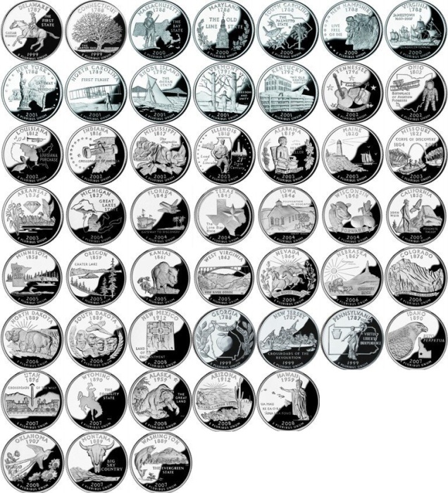 50 монет Набор монет США 1999 год 25 центов Штаты 1999-2008 годы, Мондвор P Филадельфия    UNC