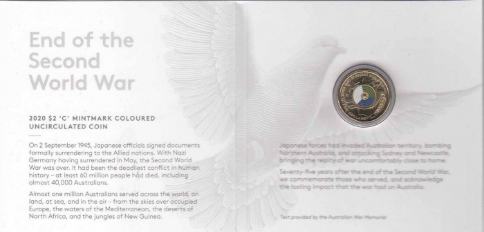 (2020) Монета Австралия 2020 год 2 доллара &quot;2-я Мировая Война. Окончание&quot; Цветная Бронза  Буклет