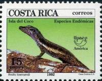 (№1992-1412) Марка Коста-Рика 1992 год "Townsend039s Анолис Анолис townsendi", Гашеная