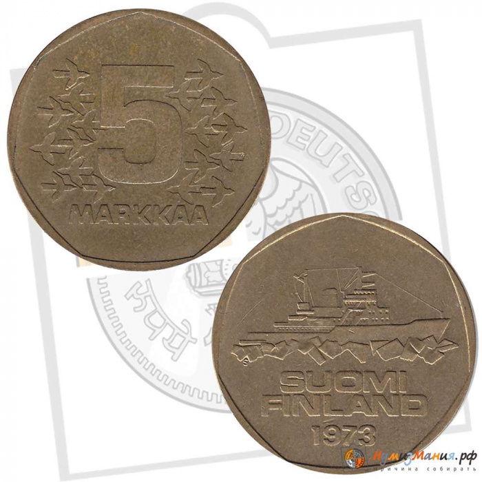 (1973) Монета Финляндия 1973 год 5 марок &quot;Ледокол Варма&quot;  Латунь  VF