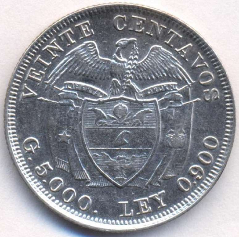 (1942) Монета Колумбия 1942 год 20 центаво &quot;Симон Боливар&quot;  Серебро Ag 900  UNC
