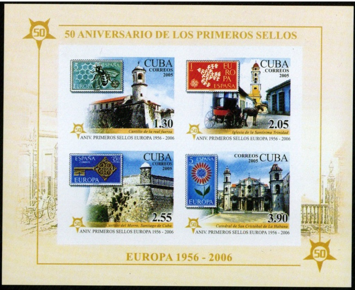 (№206) Блок марок Куба 2005 год &quot;50-летия марки Европа МС IMPERF&quot;, Негашеный