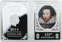2014 Монета Остров Ниуэ 2 доллара Уильям Шекспир 450 лет со дня рождения  Серебро Ag 999  PROOF