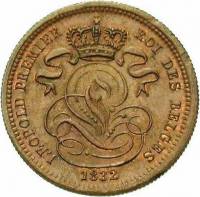 (№1832km1.1) Монета Бельгия 1832 год 1 Centime (широкие колеса)