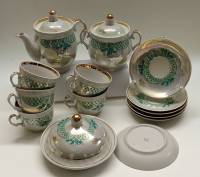 Чайный сервиз Барановка СССР 1980-е фарфор перламутр зеленый узор 14 предметов