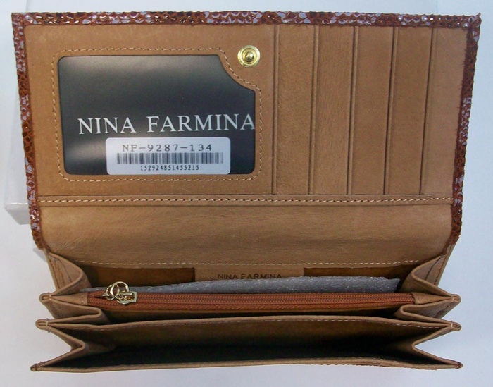 Кошелёк женский &quot;NINA FARMINA&quot; Фактурная кожа, 5 отделов + кармашки, Клепка, поцелуй, Красный/ белый