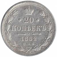 (1882, СПБ НФ) Монета Россия 1882 год 20 копеек  Орел D, Ag500, 3.6г, Гурт рубчатый Серебро Ag 500  