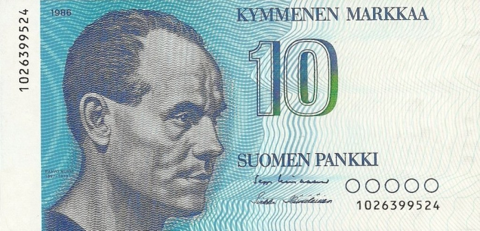 (1986) Банкнота Финляндия 1986 год 10 марок &quot;Пааво Нурми&quot; Lindblom - Hamalainen  UNC