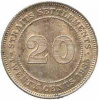 () Монета Стрейтс Сетлментс («Поселения у пролива»)  1926 год 20  ""   Биметалл (Серебро - Ниобиум) 