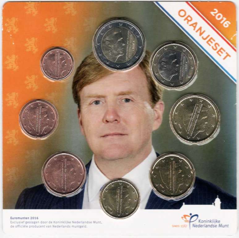 Набор монет Евро Нидерланды 2016 год (8 монет) &quot;Король Виллем-Александр и Королева&quot; В блистере, AU