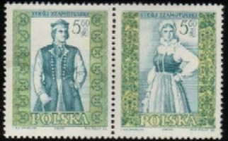 (1959-060-061) Сцепка (2 м + куп) Польша "Шамотулы" Перф греб 11&frac34;:12&frac14;   Национальная одежда III &Theta;
