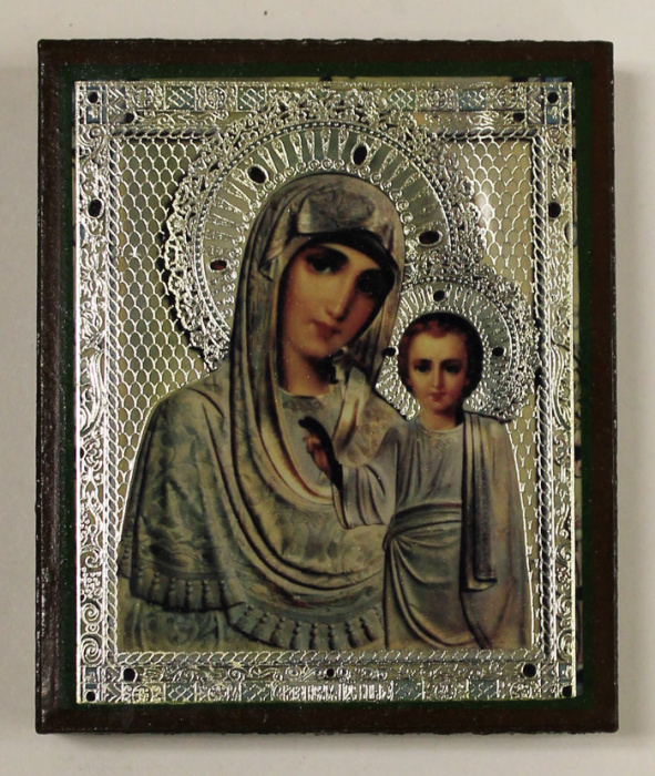 Икона Казанской Пресвятой Богородицы, печатная на дереве, серебряный фон (сост. на фото)