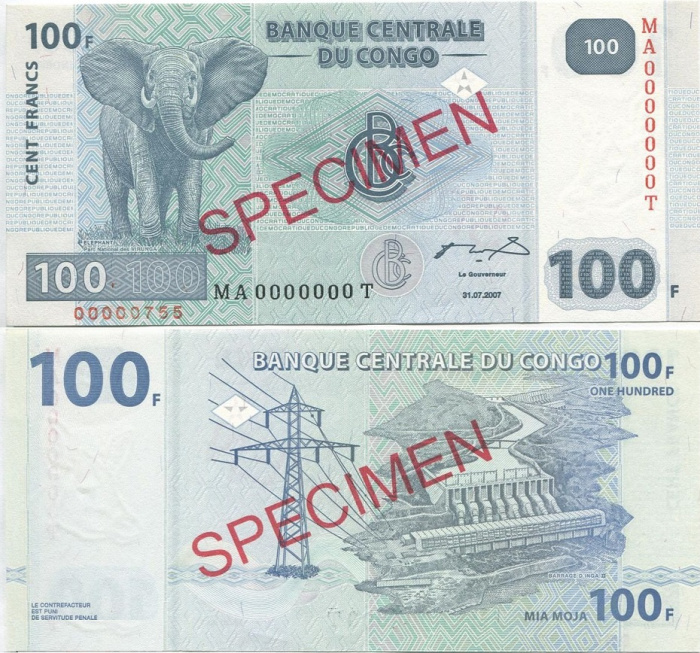 (2007 Образец) Банкнота Дем Республика Конго 2007 год 100 франков &quot;Слон&quot;   UNC