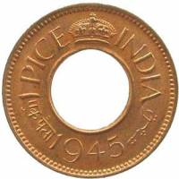 (№1943km533) Монета Индия 1943 год 1 Pice (Большая легенда - высокой или плоской тульей)
