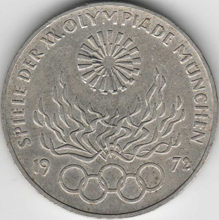 (1972j) Монета Германия (ФРГ) 1972 год 10 марок &quot;XX Летняя Олимпиада Мюнхен 1972 Факел&quot;  Серебро Ag 