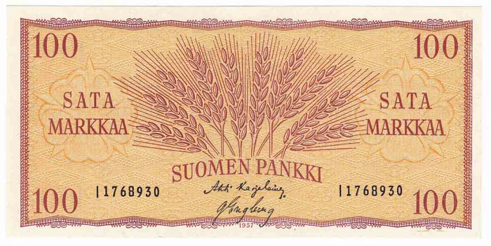 (1957) Банкнота Финляндия 1957 год 100 марок  Karjalainen - Engberg  UNC