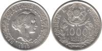 1913 Монета Бразилия 1000 реалов (рейсов) Голова Свободы  Тире между звёздами Серебро Ag 900  XF