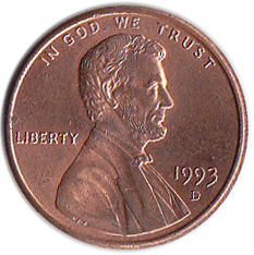 (1993d) Монета США 1993 год 1 цент   150-летие Авраама Линкольна, Мемориал Линкольна Латунь  VF