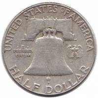 (1954) Монета США 1954 год 50 центов   Бенджамин Франклин Серебро Ag 900  VF