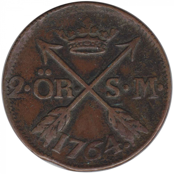 Монета Швеция 1764 год 2 эре, VF