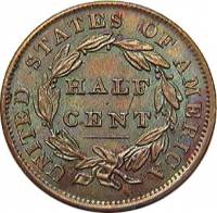 (1828, 13 звёзд) Монета США 1828 год 1/2 цента    XF